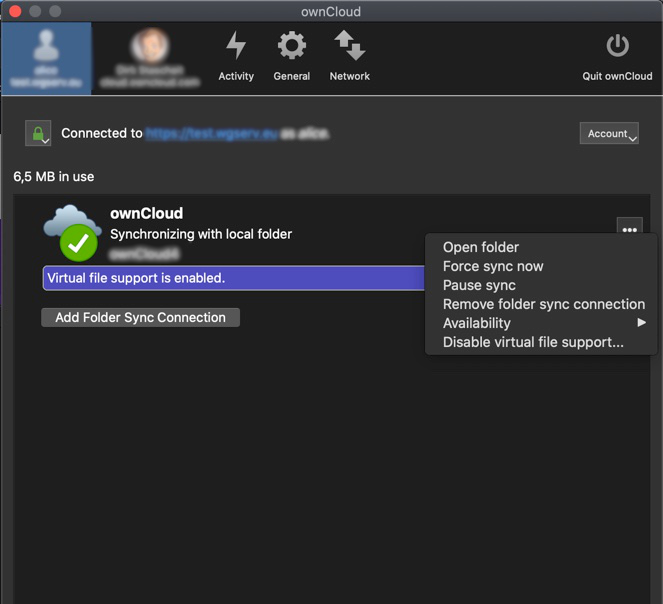Screenshot of the Desktop App preferences showing that Virtual Files are enabled for this connection